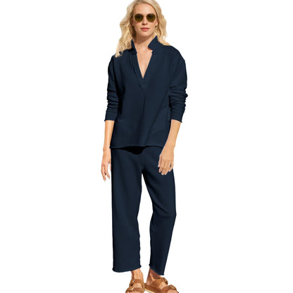 Women's V Neck Pullover Sweatshirts Wide Leg Pants Set