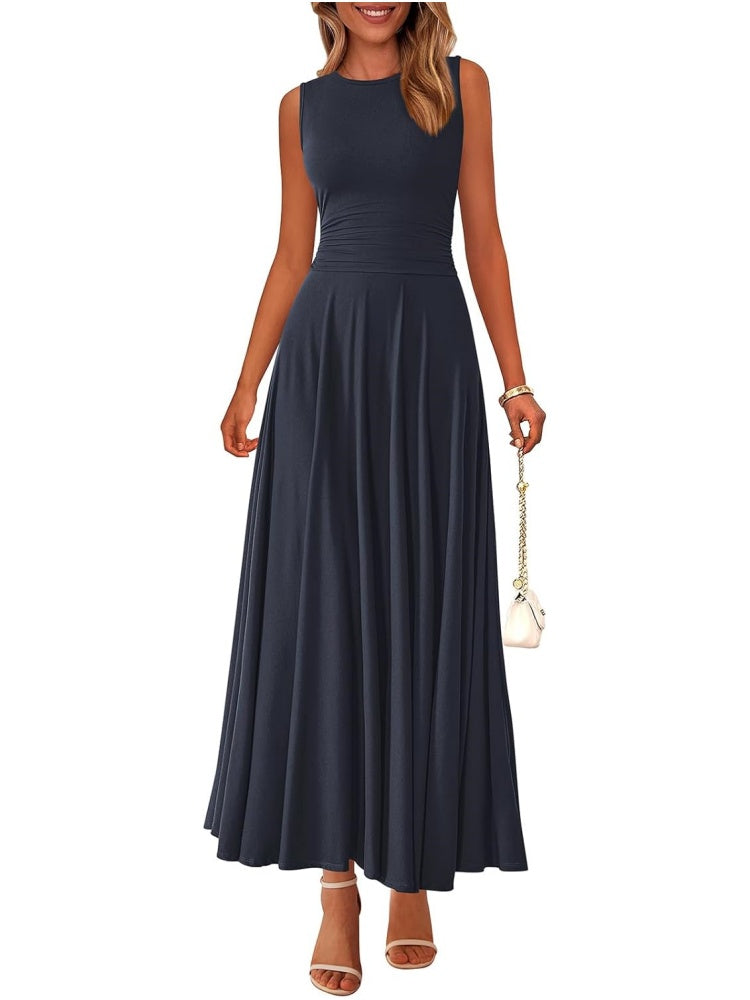 Women's Casual Sleeveless Crewneck Aline Maxi Dress