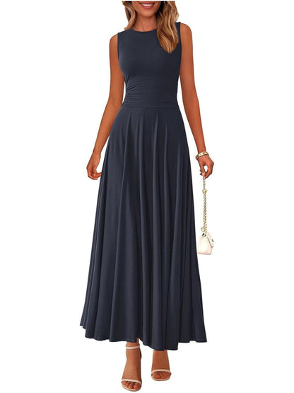 Women's Casual Sleeveless Crewneck Aline Maxi Dress