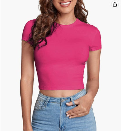 HOT SALE❤Women's Basic Teen T-Shirt Round Neck Short Sleeve Slim Fit Casual Crop Top（Buy 2 Free Shipping）