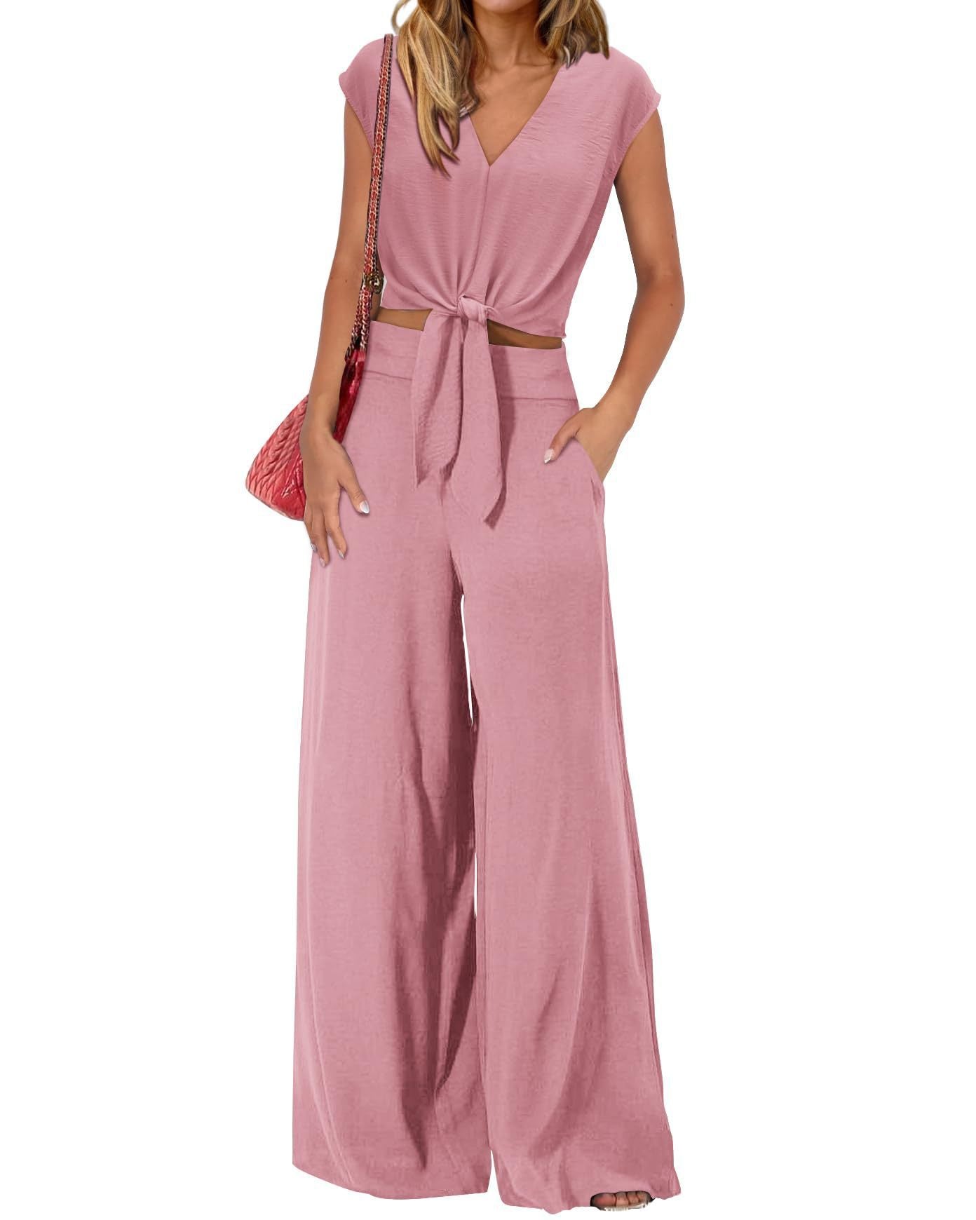 Women's Summer Cap Sleeve V Neck Drawstring Cropped Top Wide Leg Pants Suit