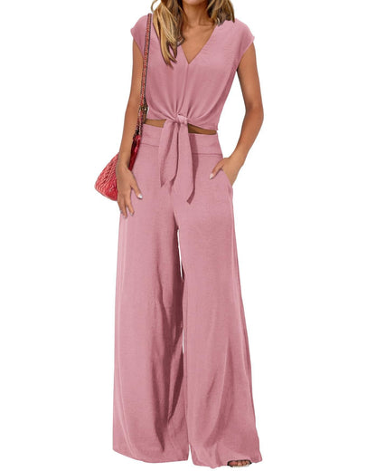 Women's Summer Cap Sleeve V Neck Drawstring Cropped Top Wide Leg Pants Suit