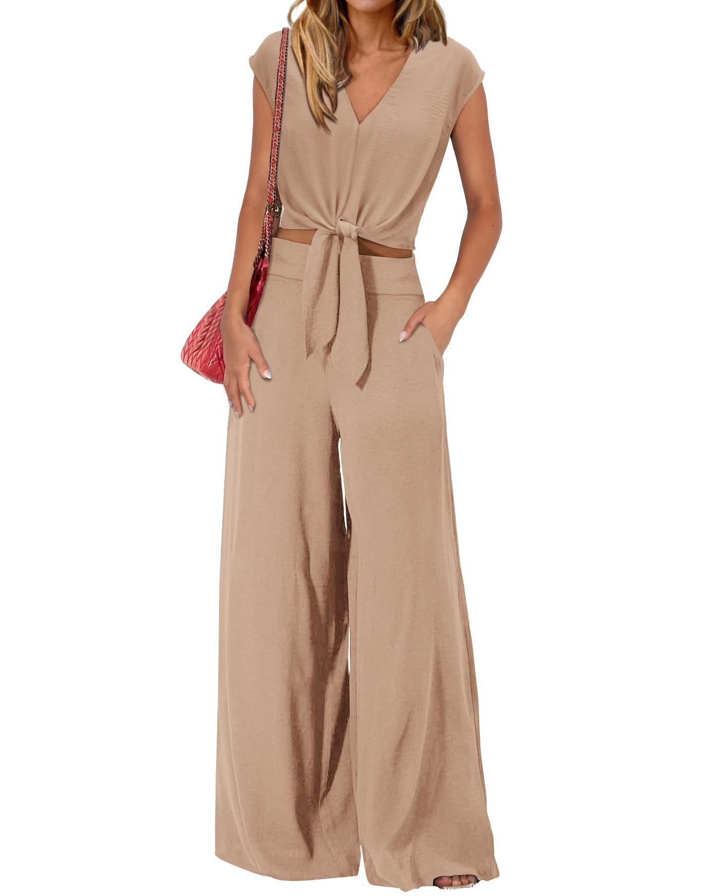 Women's Summer Cap Sleeve V Neck Drawstring Cropped Top Wide Leg Pants Suit
