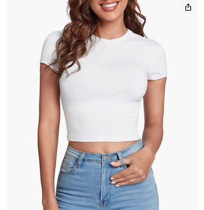 HOT SALE❤Women's Basic Teen T-Shirt Round Neck Short Sleeve Slim Fit Casual Crop Top（Buy 2 Free Shipping）