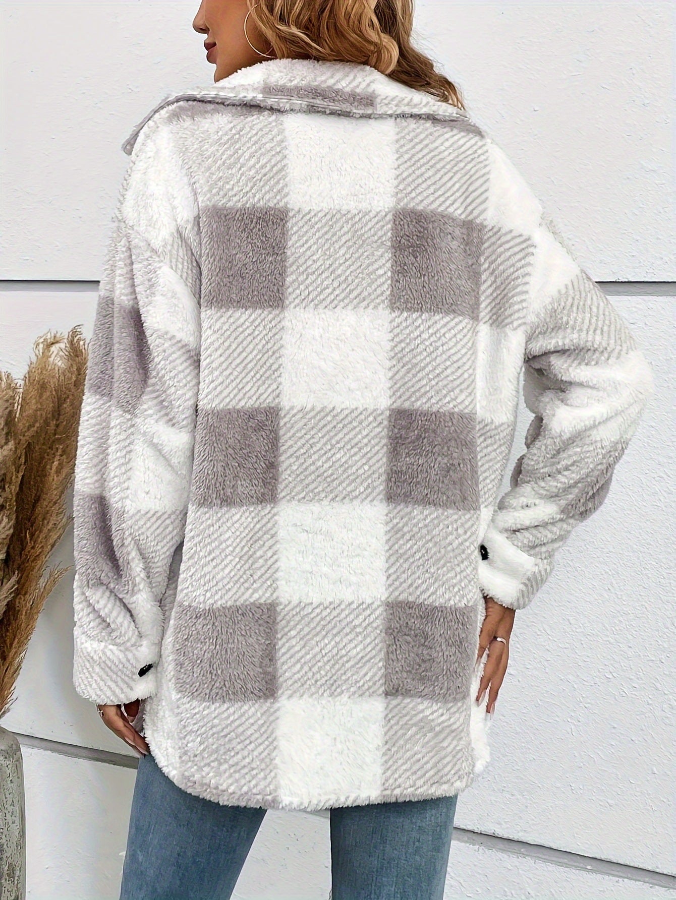 Women's Multicolored Plush Plaid Button Down Jacket Loose Coat with Pockets