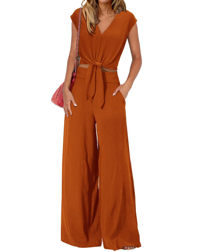 Women's Summer Cap Sleeve V Neck Drawstring Cropped Top Wide Leg Pants Suit