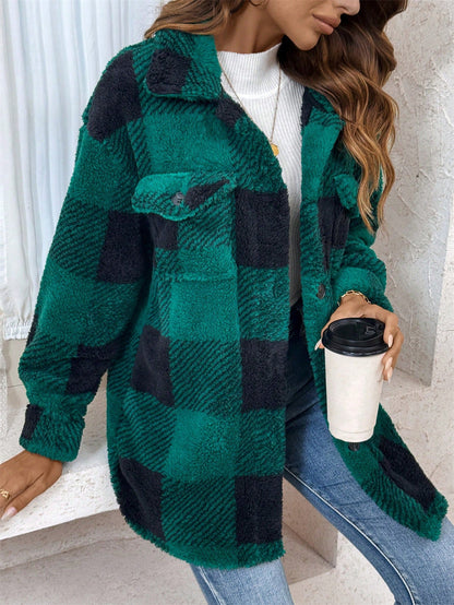 Women's Multicolored Plush Plaid Button Down Jacket Loose Coat with Pockets