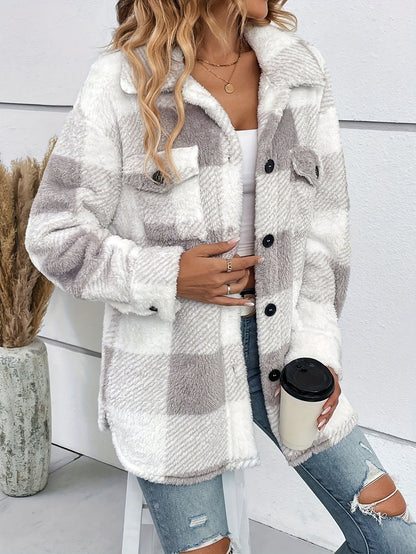 Women's Multicolored Plush Plaid Button Down Jacket Loose Coat with Pockets