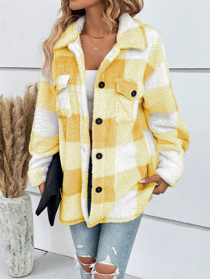 Women's Multicolored Plush Plaid Button Down Jacket Loose Coat with Pockets