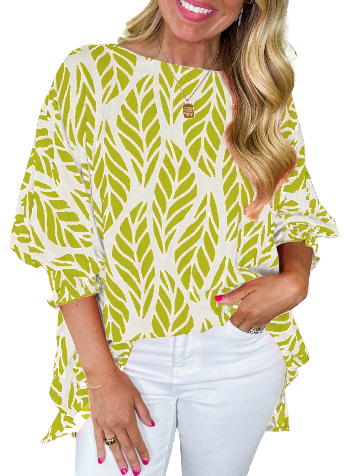 ✨2025 Women Leaf Print Smocked Puff Sleeve Blouse