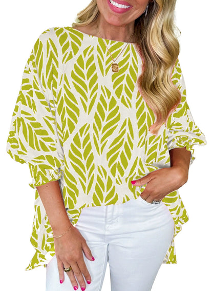 ✨2025 Women Leaf Print Smocked Puff Sleeve Blouse