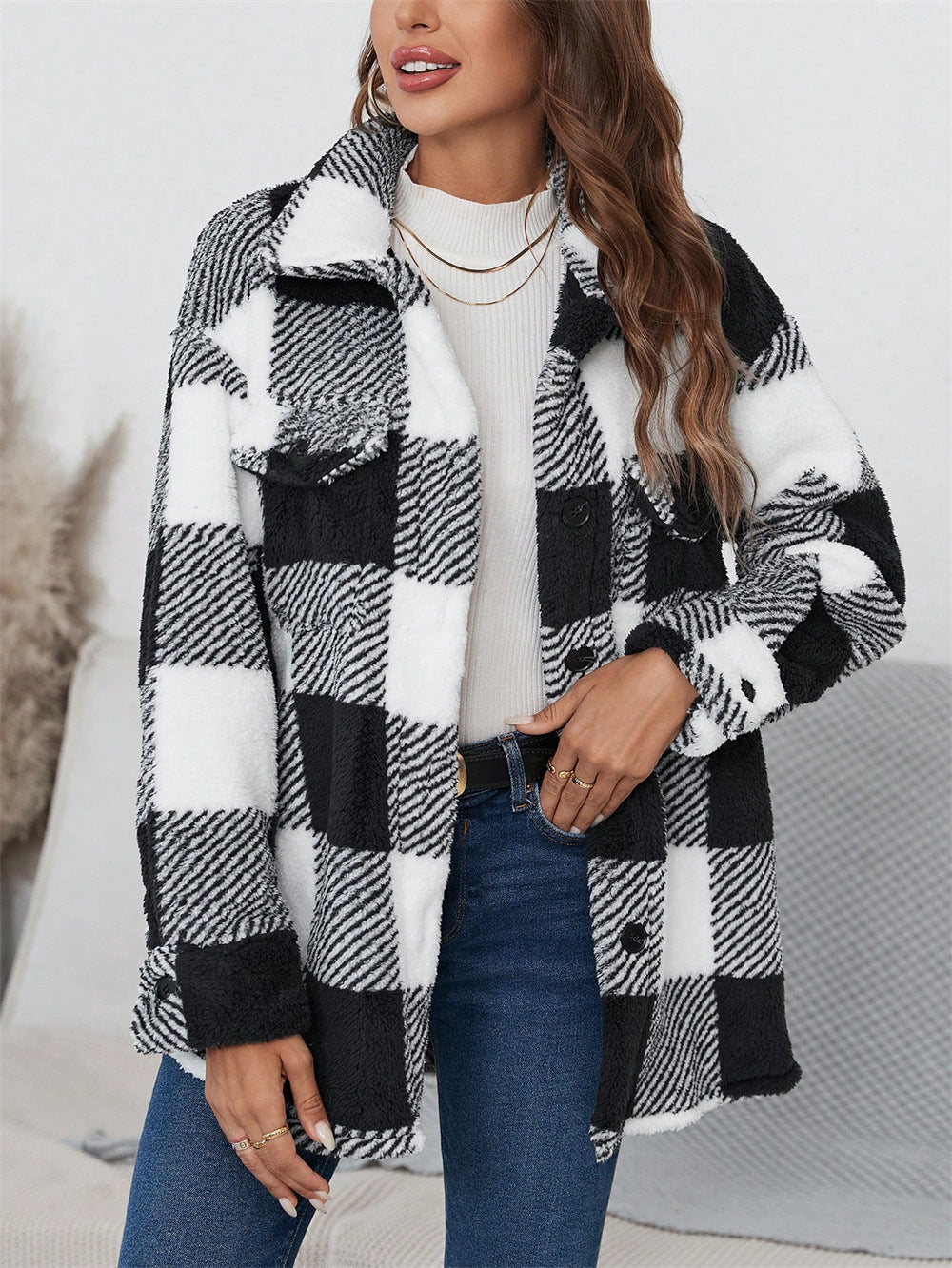 Women's Multicolored Plush Plaid Button Down Jacket Loose Coat with Pockets
