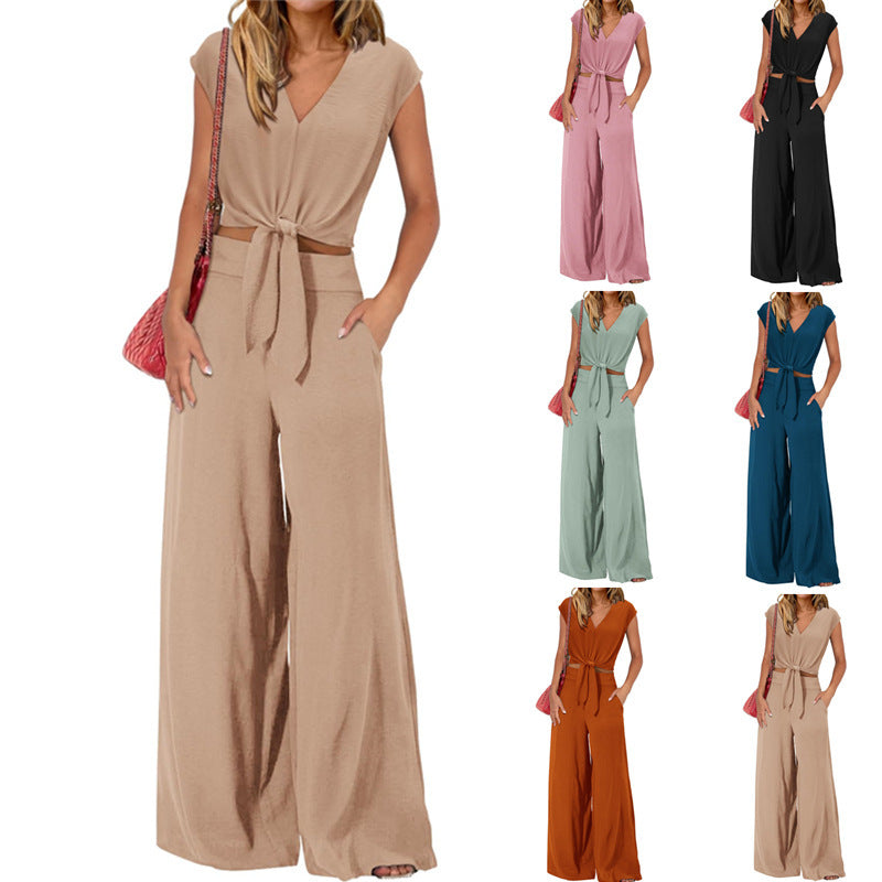Women's Summer Cap Sleeve V Neck Drawstring Cropped Top Wide Leg Pants Suit