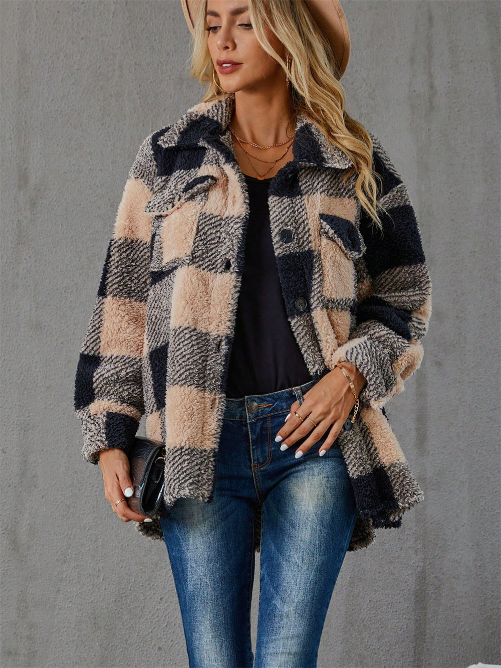 Women's Multicolored Plush Plaid Button Down Jacket Loose Coat with Pockets