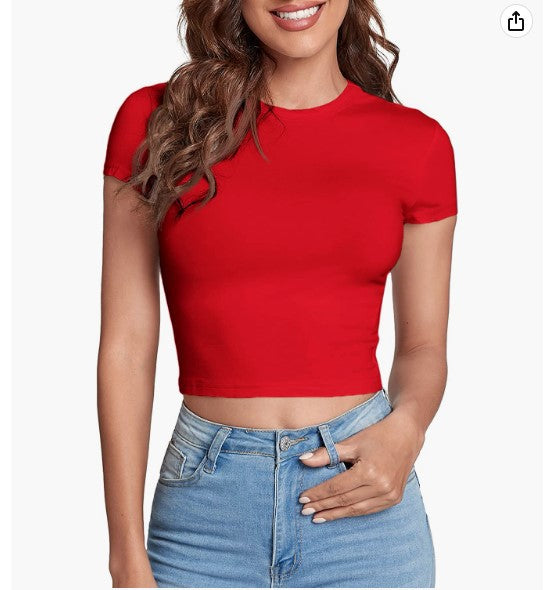 HOT SALE❤Women's Basic Teen T-Shirt Round Neck Short Sleeve Slim Fit Casual Crop Top（Buy 2 Free Shipping）