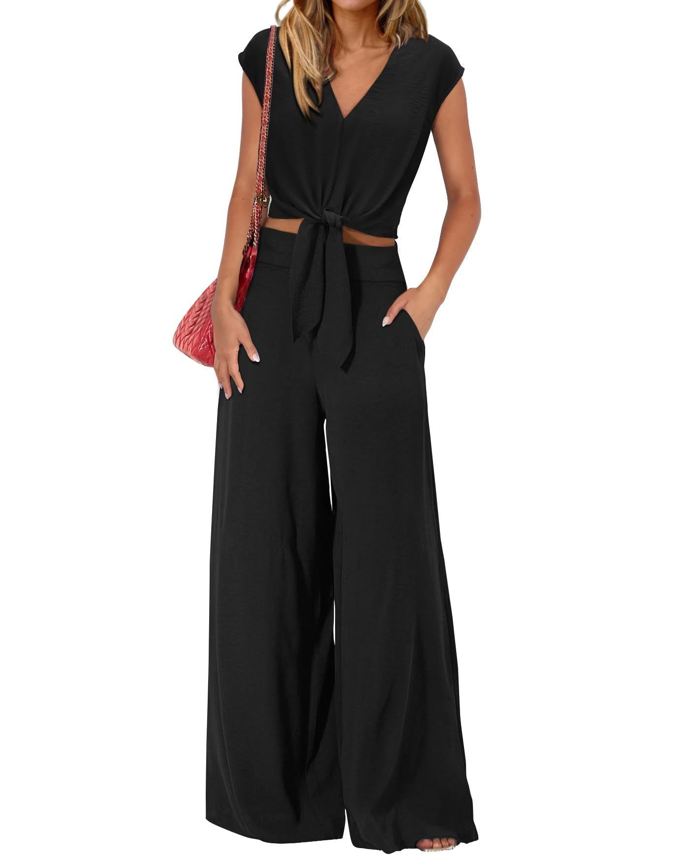 Women's Summer Cap Sleeve V Neck Drawstring Cropped Top Wide Leg Pants Suit