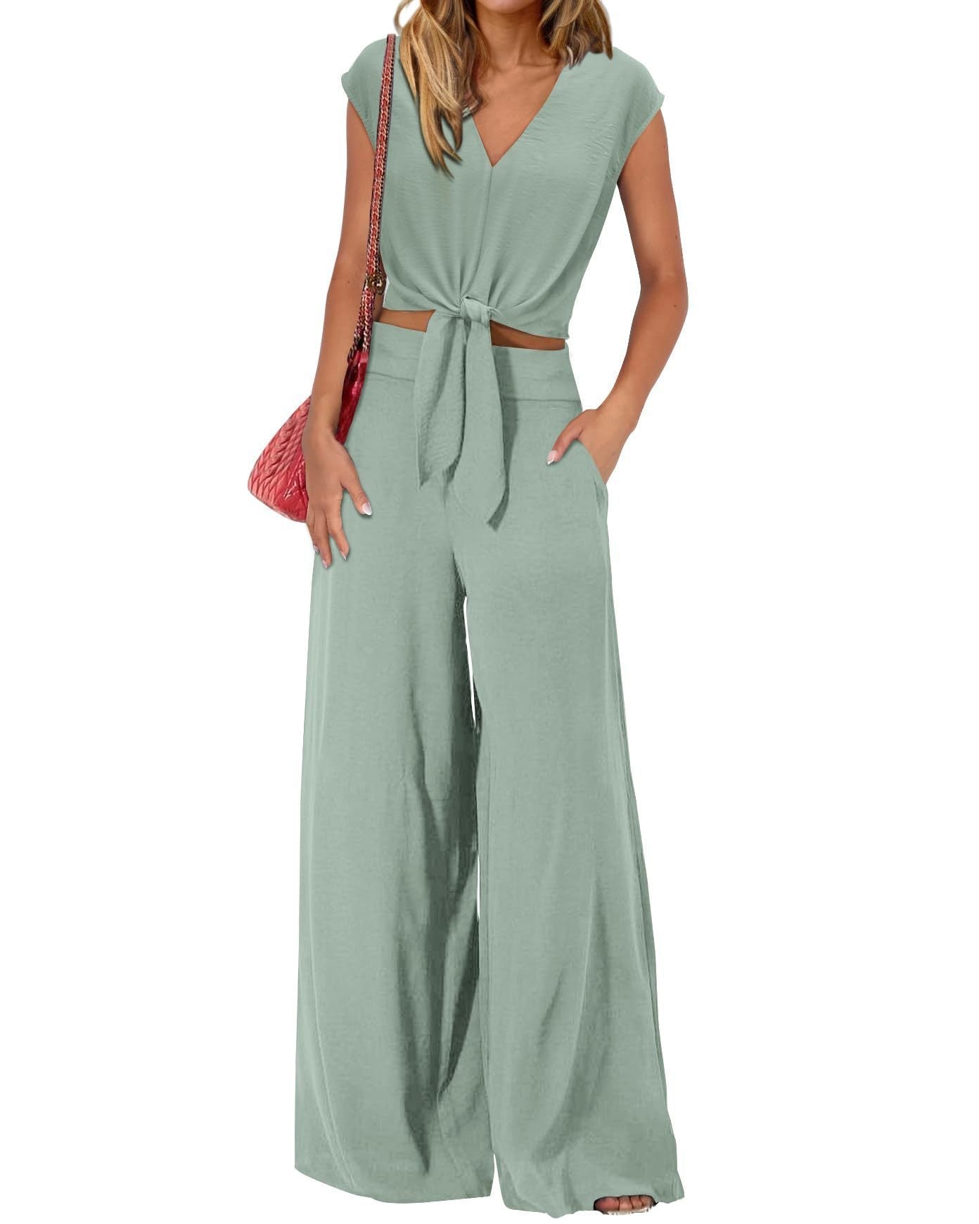 Women's Summer Cap Sleeve V Neck Drawstring Cropped Top Wide Leg Pants Suit