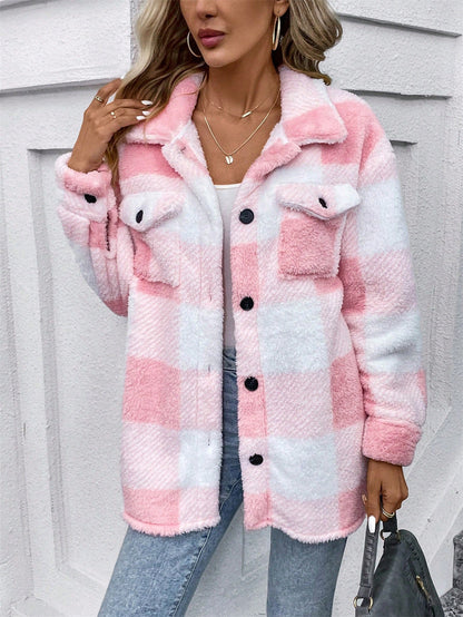 Women's Multicolored Plush Plaid Button Down Jacket Loose Coat with Pockets
