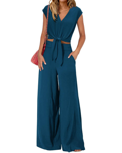Women's Summer Cap Sleeve V Neck Drawstring Cropped Top Wide Leg Pants Suit