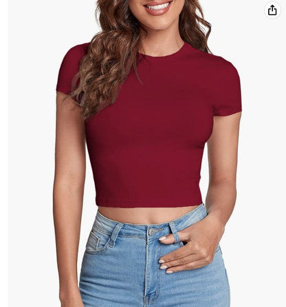 HOT SALE❤Women's Basic Teen T-Shirt Round Neck Short Sleeve Slim Fit Casual Crop Top（Buy 2 Free Shipping）