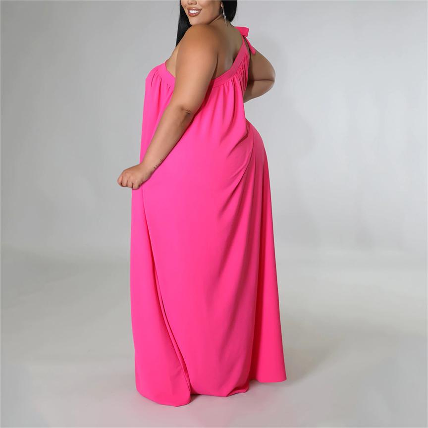 2023 Plus Size One Shoulder Solid Maxi Dress