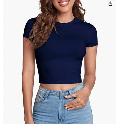 HOT SALE❤Women's Basic Teen T-Shirt Round Neck Short Sleeve Slim Fit Casual Crop Top（Buy 2 Free Shipping）