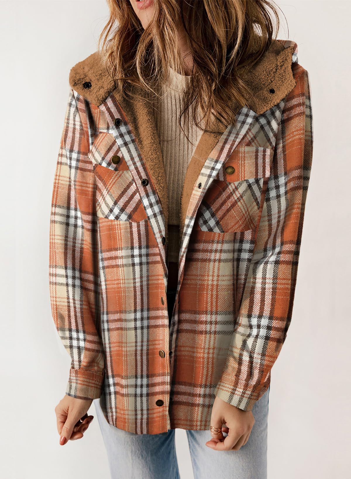 HOT SALE🔥Women's Fall Fuzzy Flannel Long Sleeve Plaid Jacket Coat with Hood