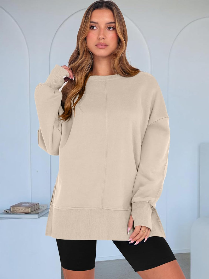 Limited time sale🔥Womens Oversized Thumbhole Long Sleeve Side Slit Pullover Top