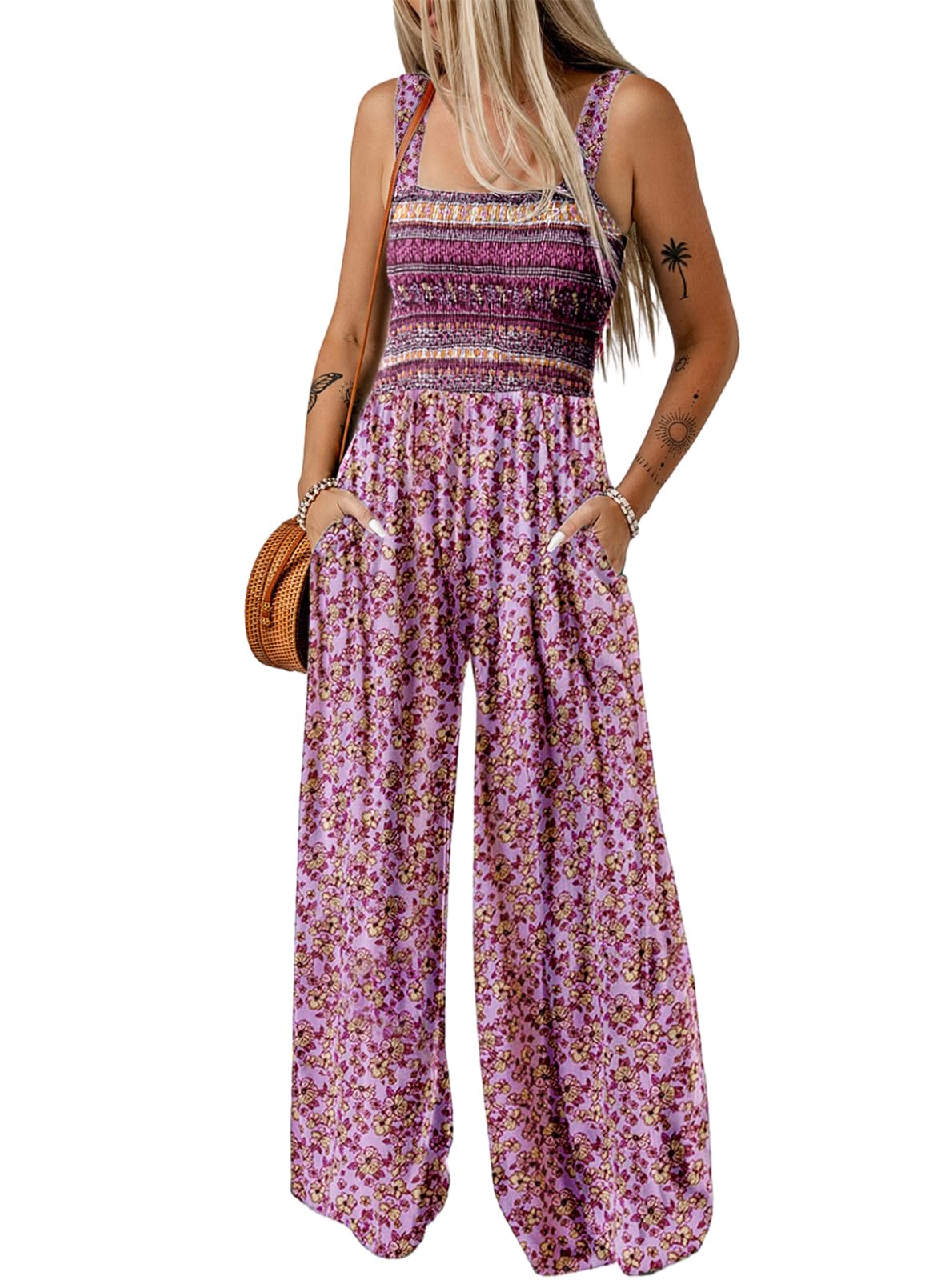 Limited time sale🔥Women's Overalls Casual Floral Print Sleeveless Jumpsuit with Pockets