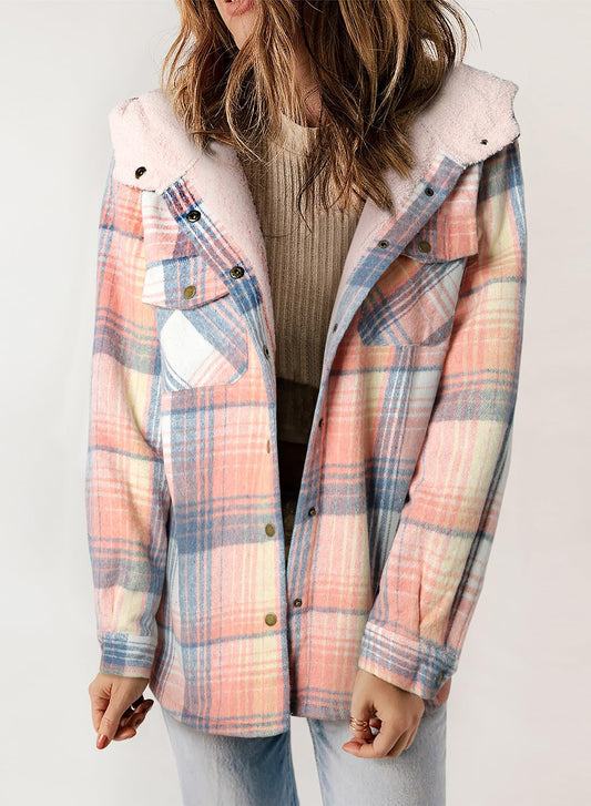 ☘️50% OFF🔥Women's Fall Fuzzy Flannel Long Sleeve Plaid Jacket Coat with Hood