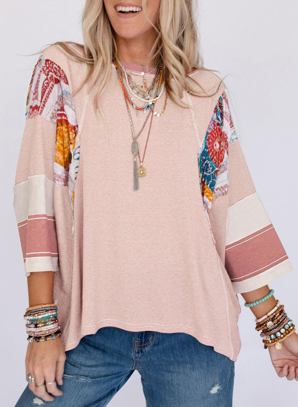 ✨Women's 3/4 Length Sleeve Oversized Striped Patchwork Shirts