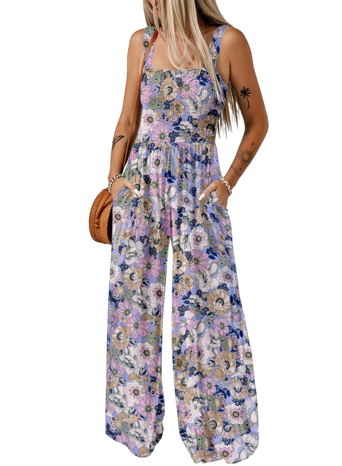 Limited time sale🔥Women's Overalls Casual Floral Print Sleeveless Jumpsuit with Pockets