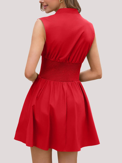 Women's Sleeveless V-Neck Zip Front Mini Dress with Smocked Waist & Pockets