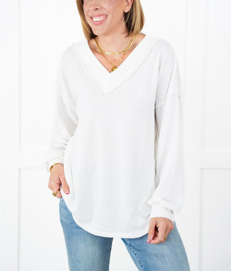 Women's Ribbed Long Sleeve V-Neck Pullover Top