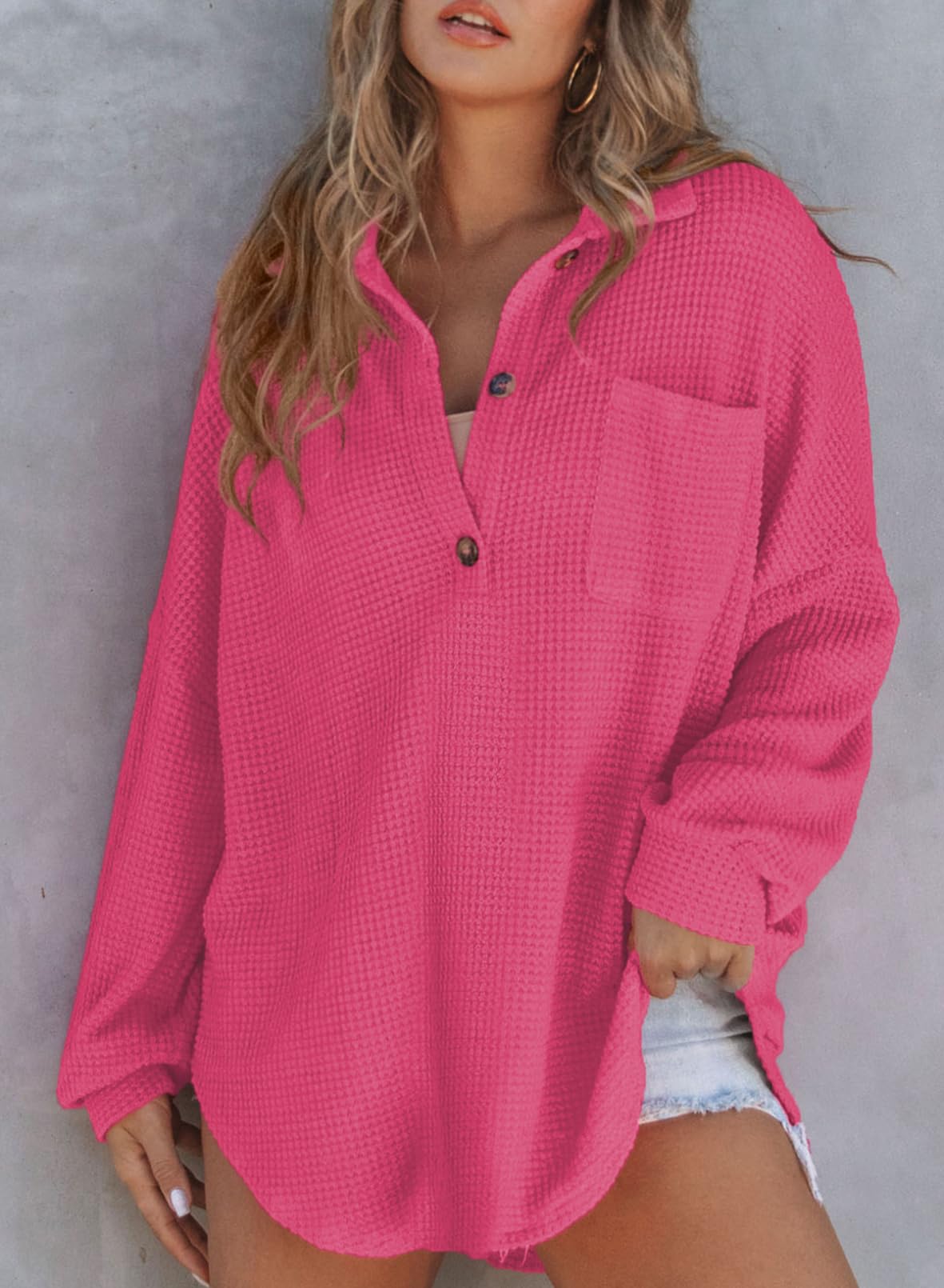 Autumn Women's Waffle Knit Henley V Neck Shirt Jacket