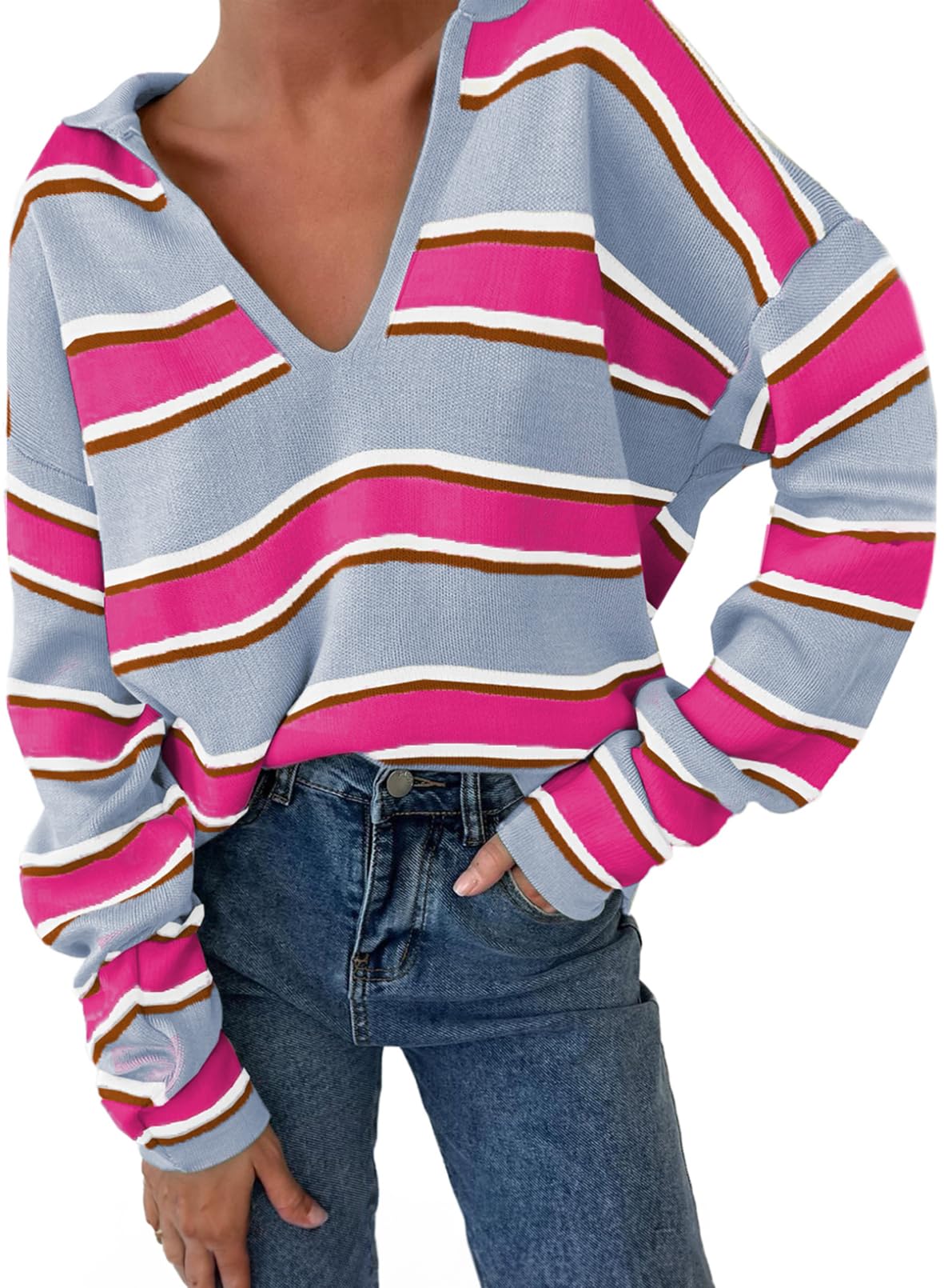 Women's V-neck Striped Oversized Sweater Pullover Top