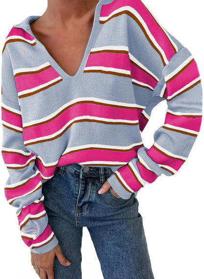 Women's V-neck Striped Oversized Sweater Pullover Top