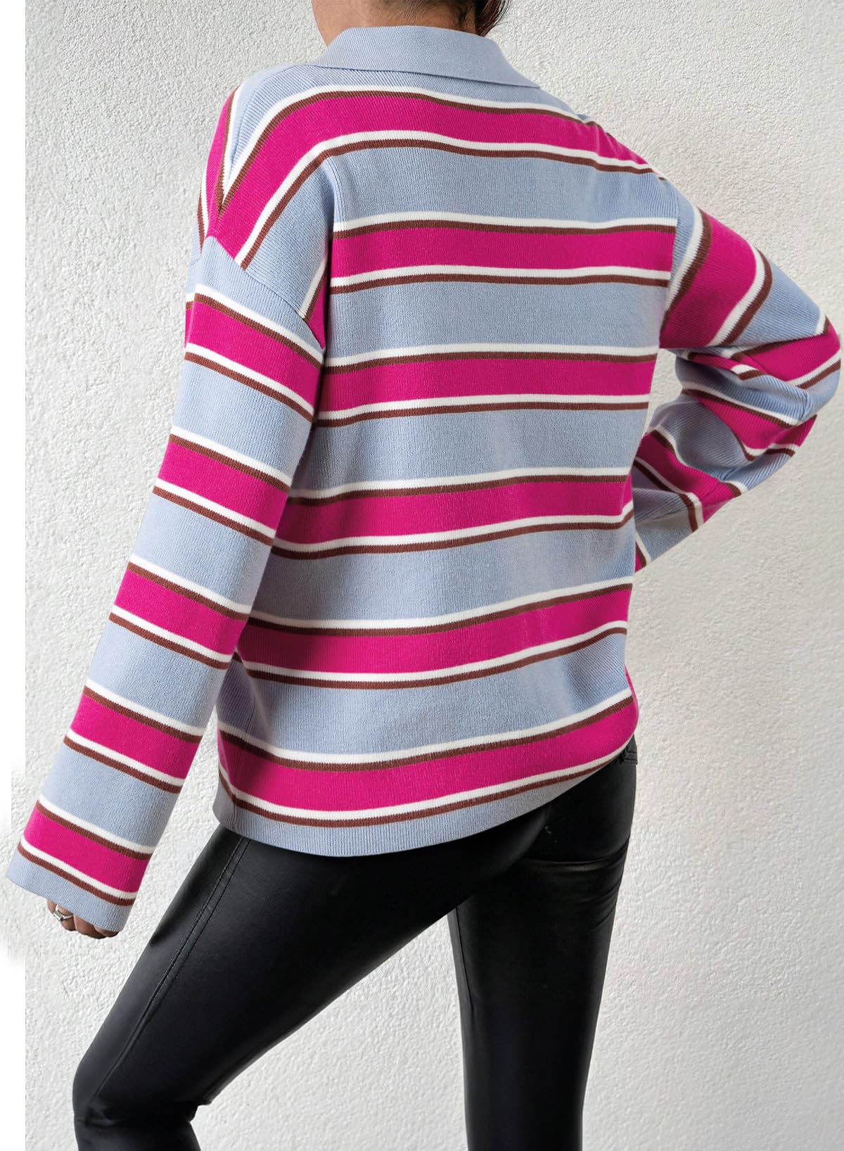 Women's V-neck Striped Oversized Sweater Pullover Top