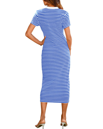 Women Casual  Dresses Short Sleeve Striped Midi Dresses(Buy 2 Free Shipping)
