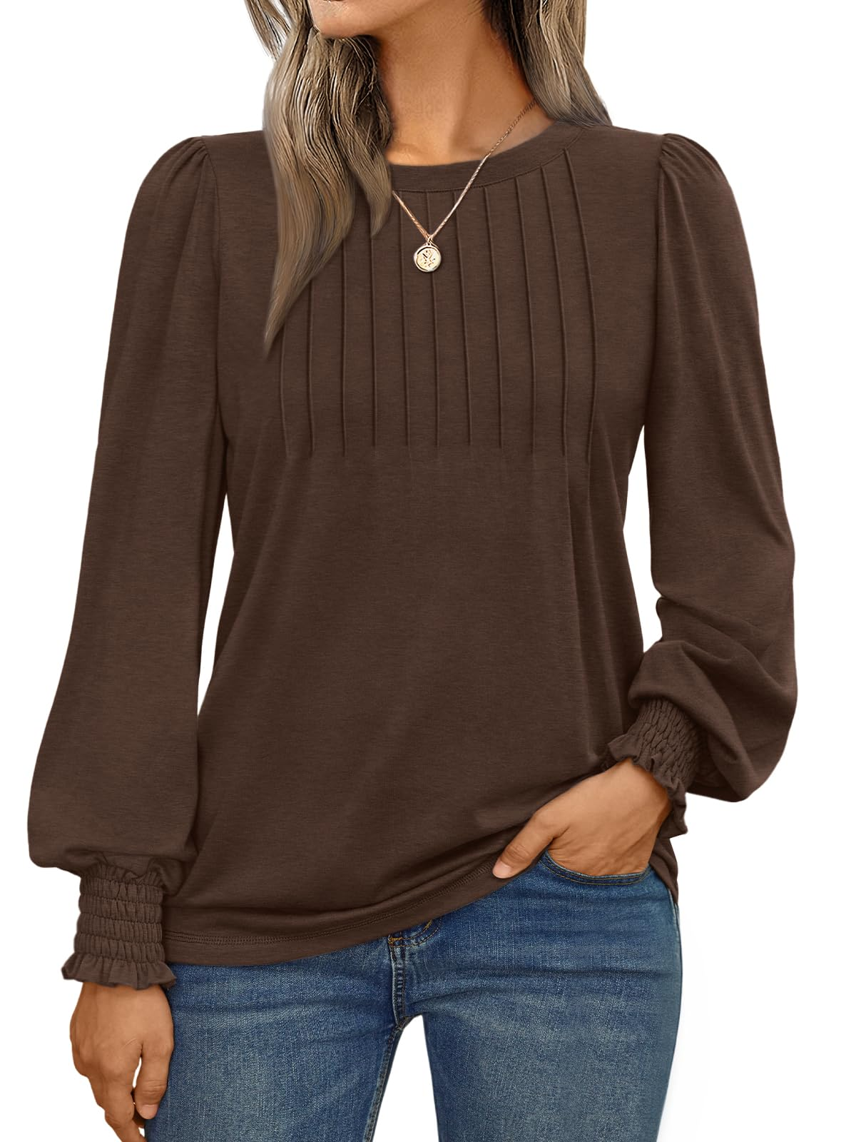 Long Sleeve Shirts Womens Pleated Business Casual Blouses