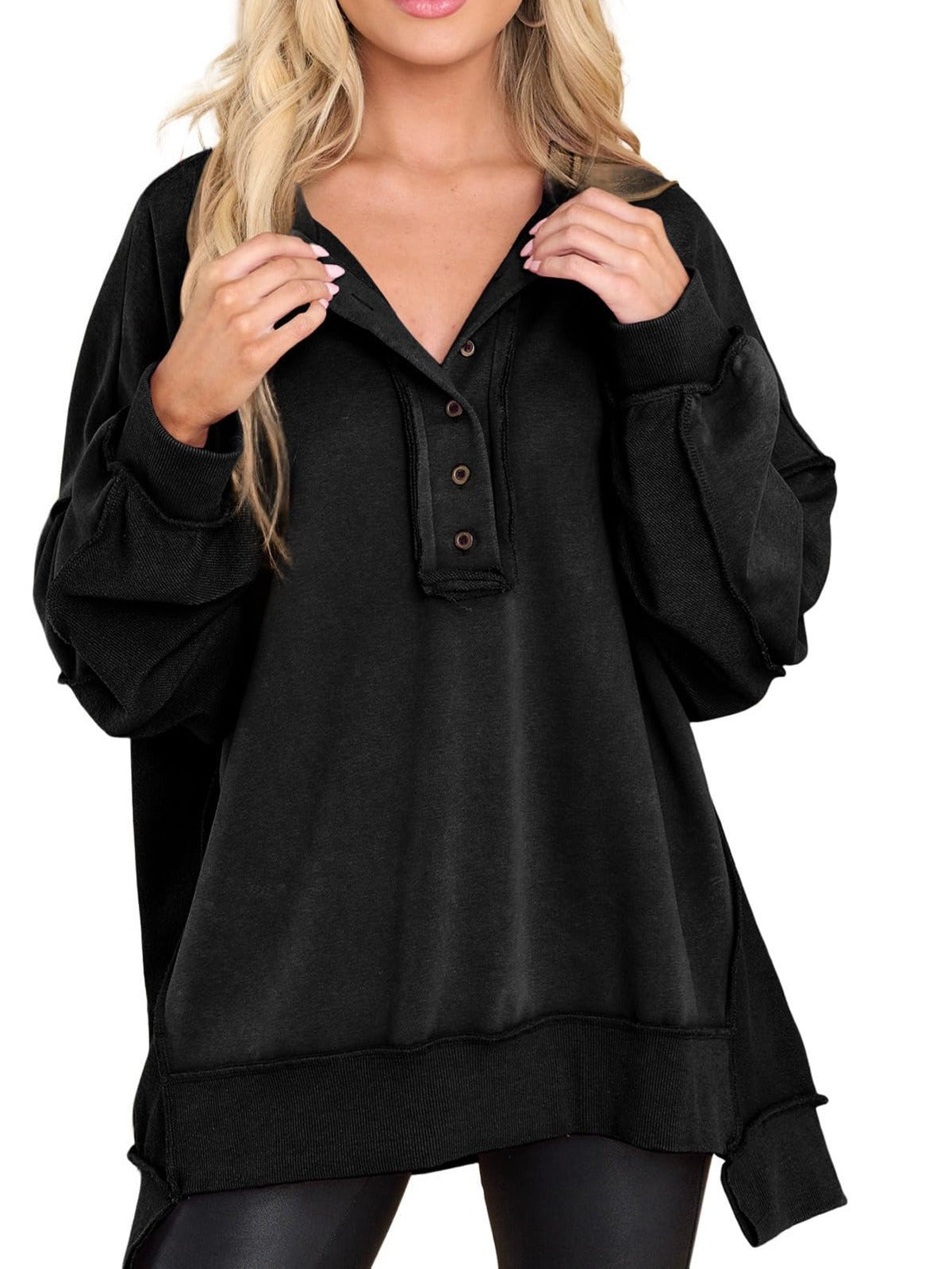 Limited time sale🔥Women's Oversized Henley Casual Buttoned Sweatshirt