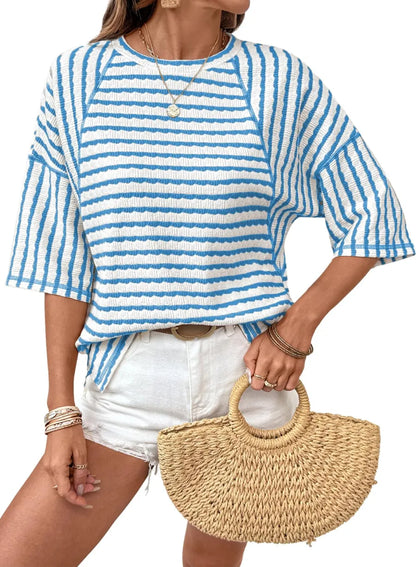 Limited time sale🔥Women Stripe Textured Knit Split Hem Top