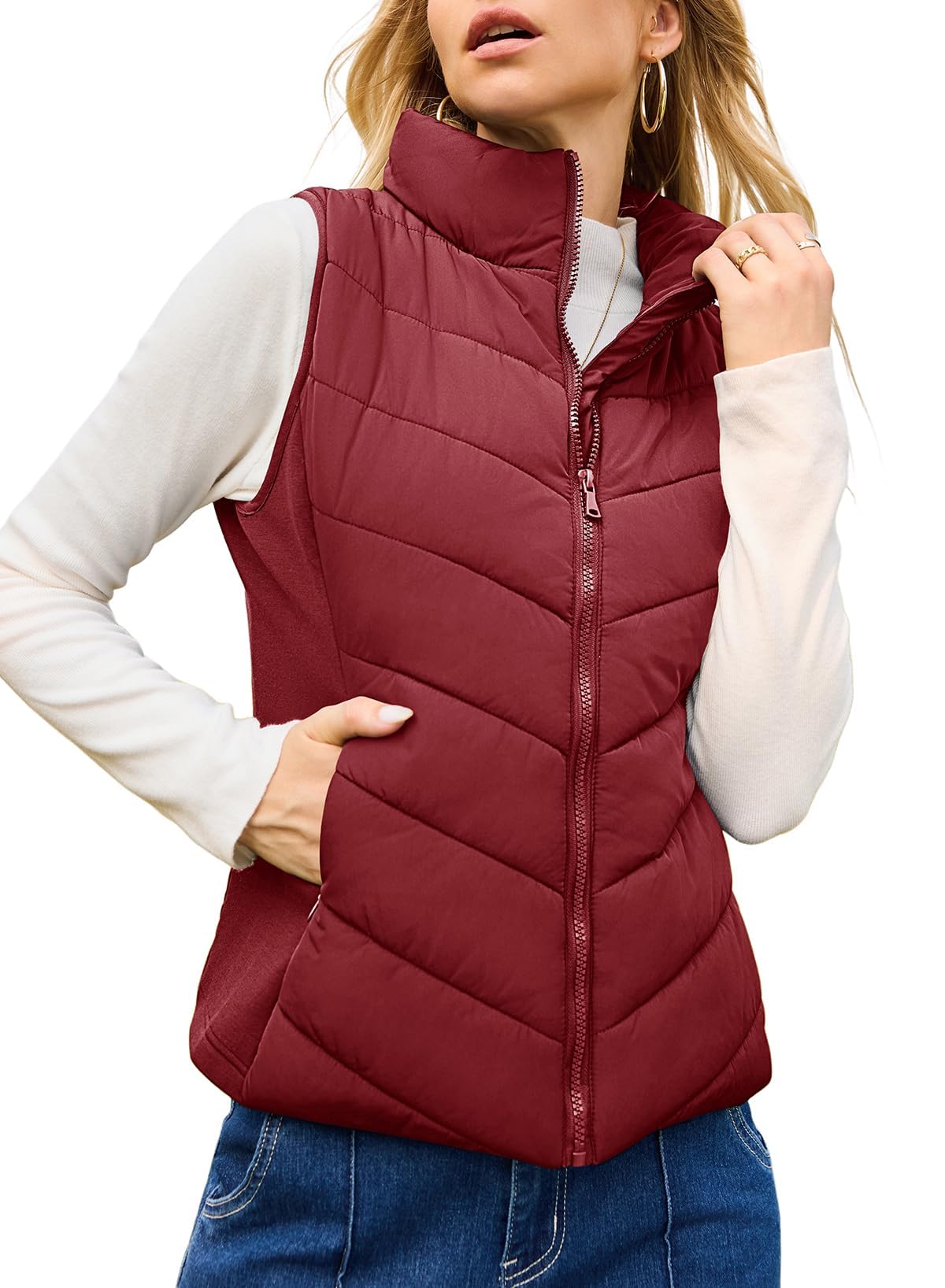 Limited time sale🔥Womens Sleeveless Zip Up Outerwear Stand Collar Quilted Puffer Vest