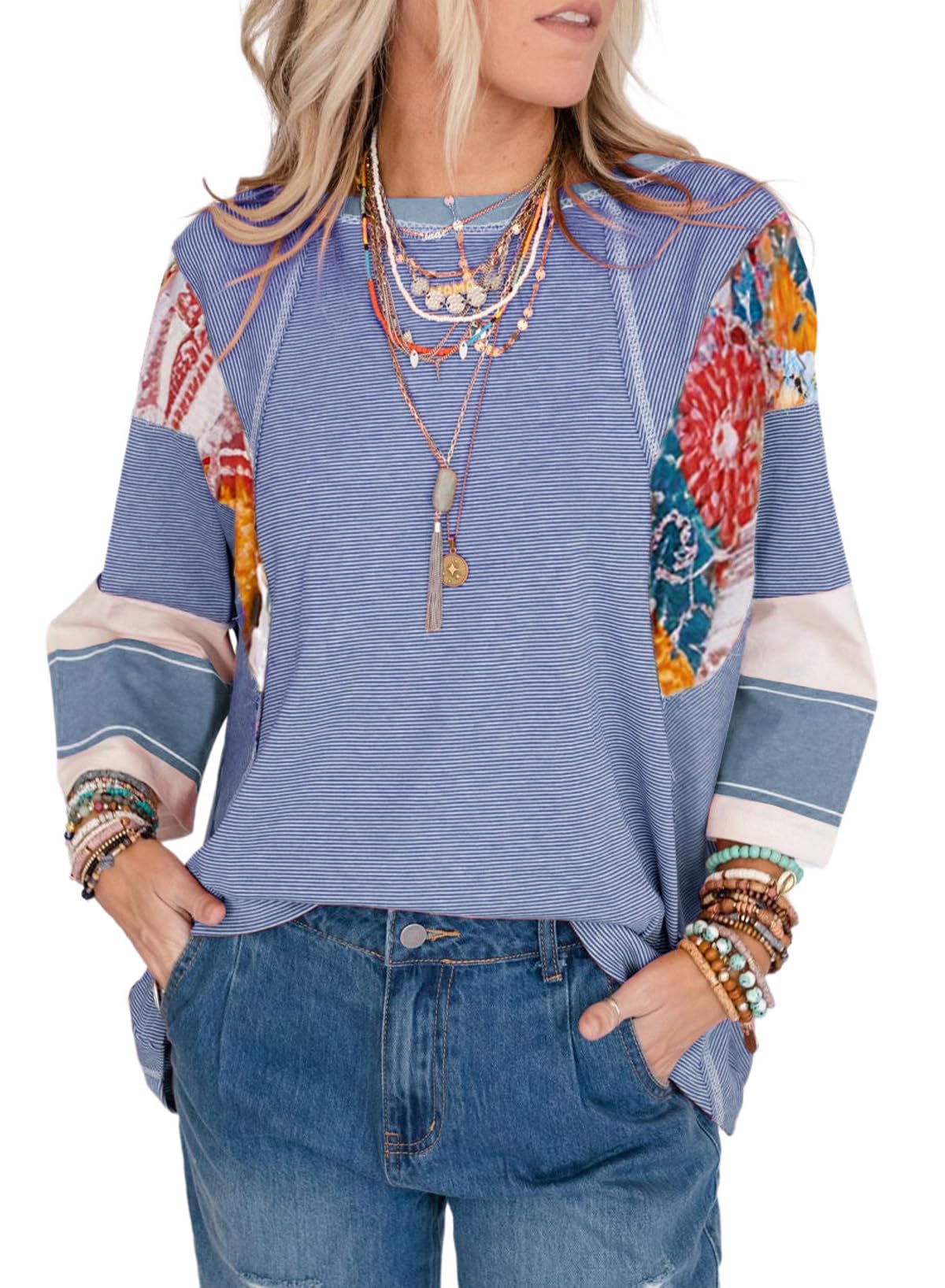 ✨Women's 3/4 Length Sleeve Oversized Striped Patchwork Shirts