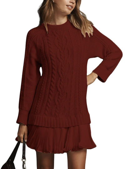 Limited time sale🔥Women Crewneck Cable Knit Sweater Mini Dress