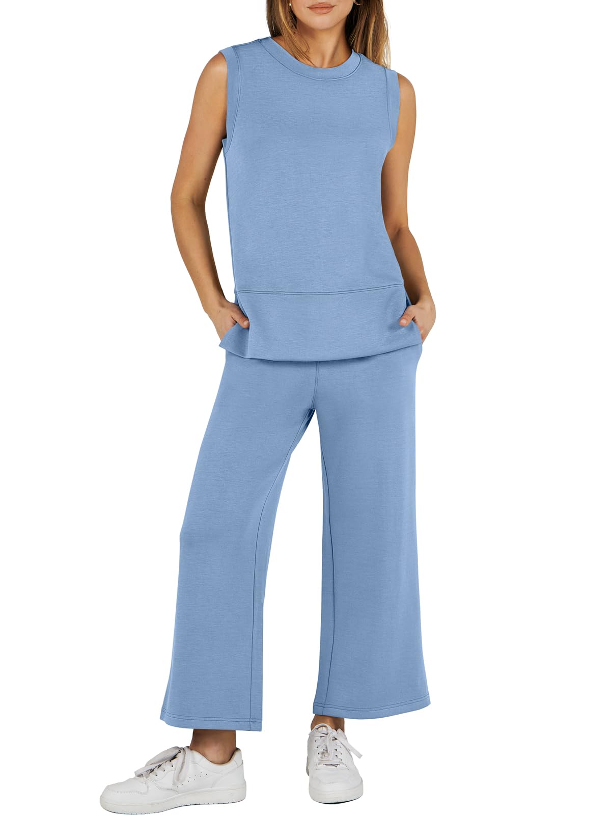 Limited time sale🔥Women's Sleeveless Slit Hem Wide Leg Suit Casual Two Piece Set