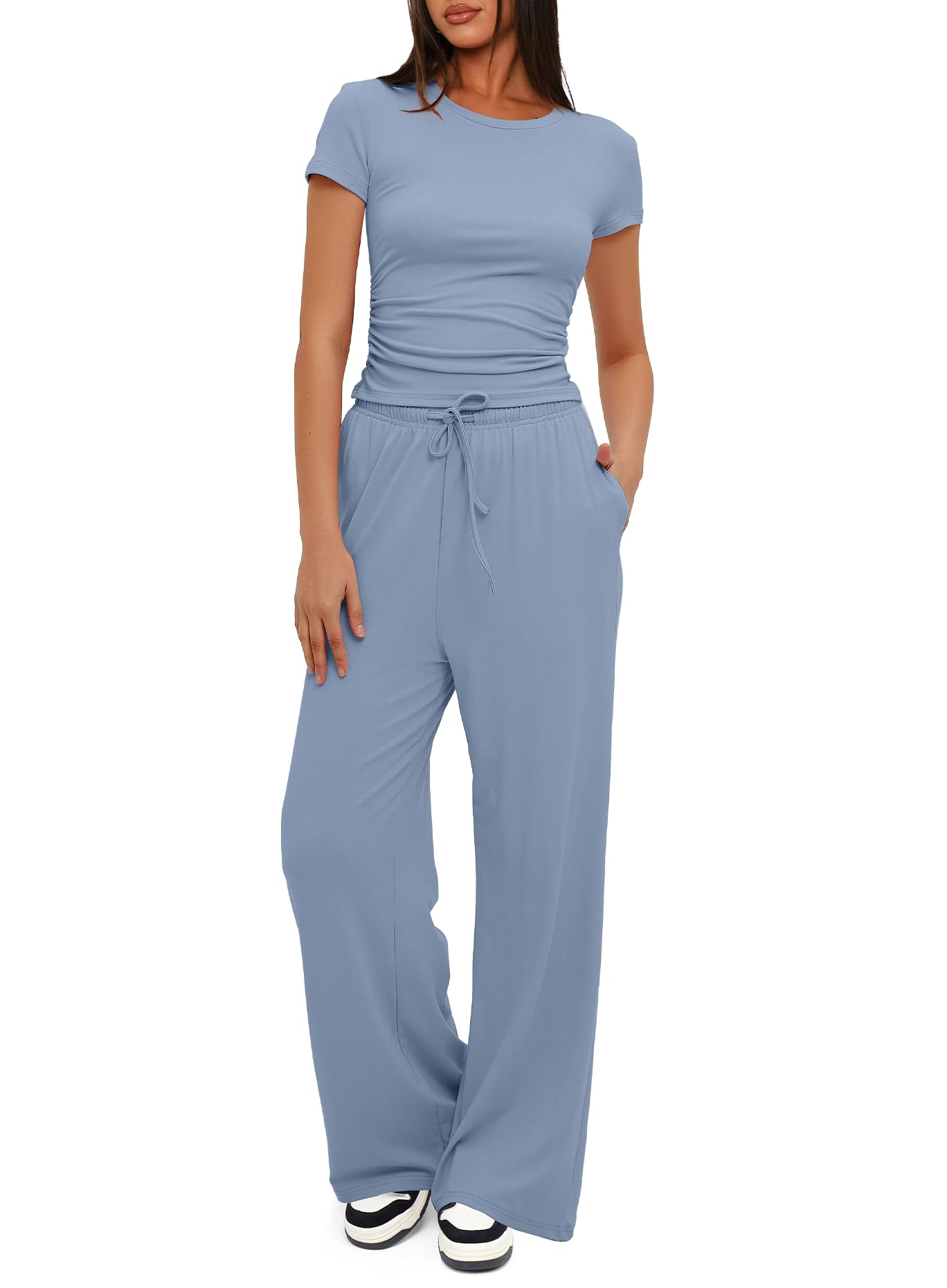 Women's Ruched Short Sleeve Tops and High Waisted Wide Leg Pants  Sets