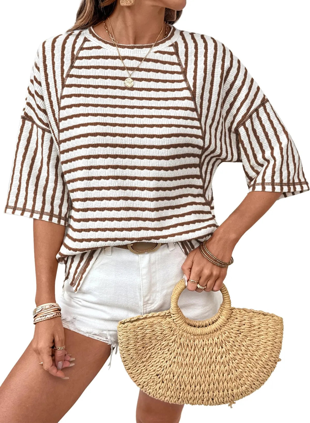 Limited time sale🔥Women Stripe Textured Knit Split Hem Top