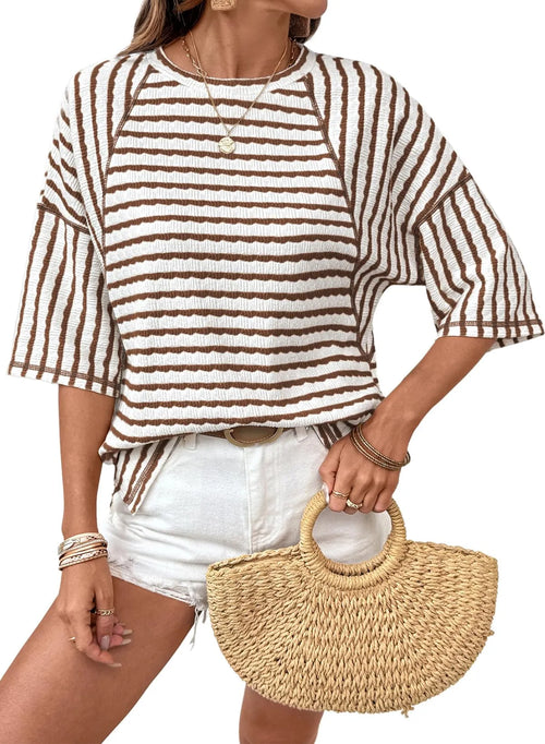 Limited time sale🔥Women Stripe Textured Knit Split Hem Top