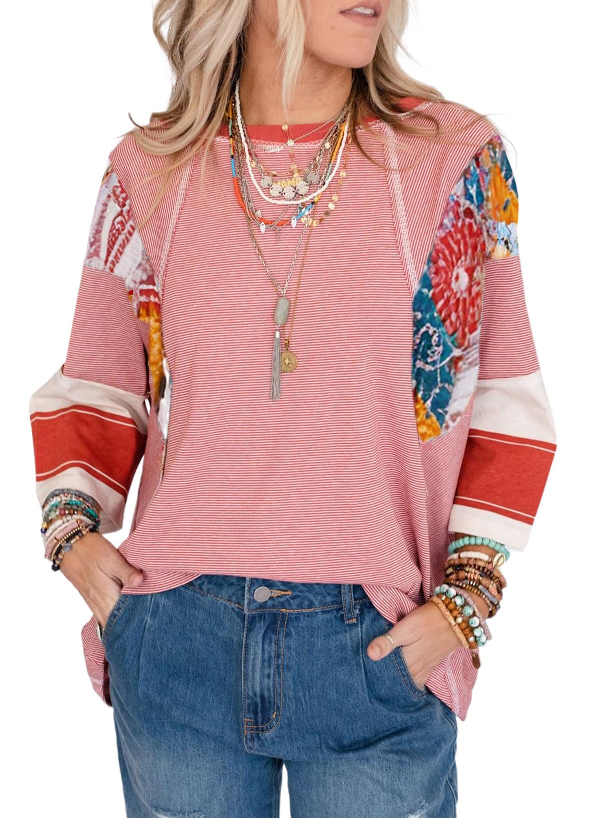 ✨Women's 3/4 Length Sleeve Oversized Striped Patchwork Shirts